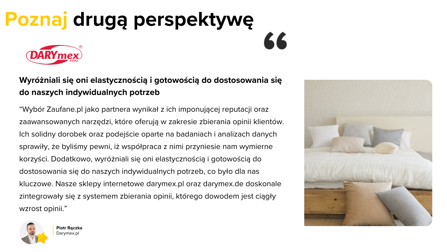 Wybór Zaufane.pl jako partnera wynikał z ich imponującej reputacji oraz zaawansowanych narzędzi, które oferują w zakresie zbierania opinii klientów. Ich solidny dorobek oraz podejście oparte na ba